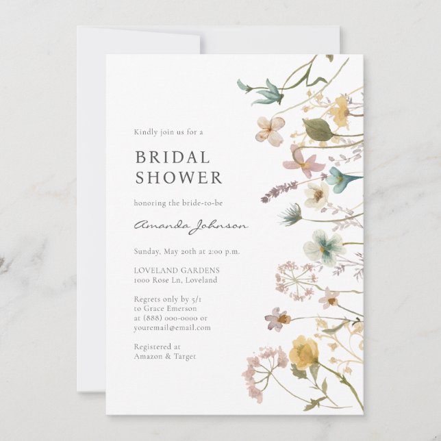 Elegant Bröllopsdusch med Vilda Blommor Inbjudningar (Framsida)