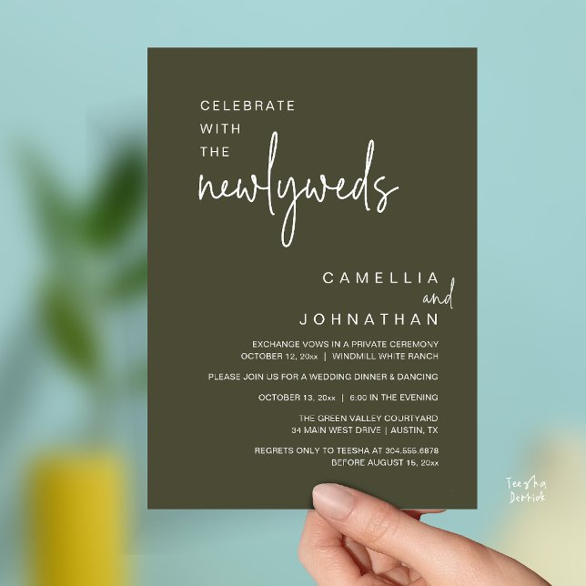 Elegant bröllopsfest efter ceremonin inbjudningar (Elegant Wedding Party Post-Ceremony Celebration Invitation card in olive green)