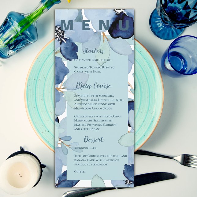 Elegant Bröllopsfest för vattenfärgsblått Blommigt Meny (Pretty Watercolor Blue Floral Wedding Party Menu)