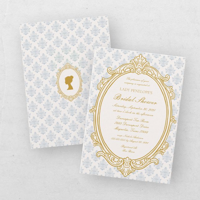 Elegant bröllopsfest i Regency-stil med blå och gu Inbjudningar (Skapare uppladdad)