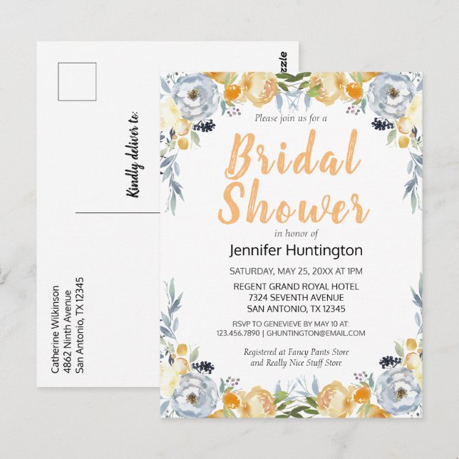 Elegant bröllopsfest-inbjudan med blomstermotiv i  vykort (Fram/baksida)