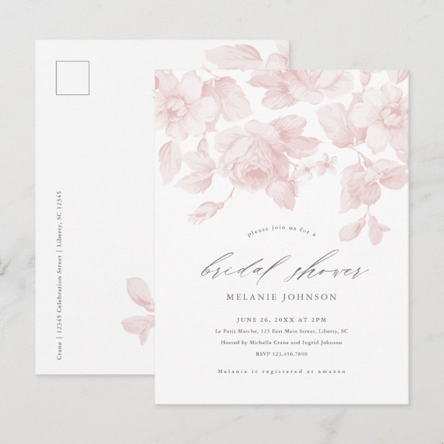 Elegant bröllopsfest med blomstermönster i rosa inbjudan vykort (Fram/baksida)