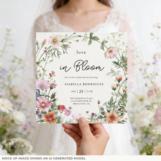 Elegant bröllopsfest med vilda blommor i blom - Br Inbjudningar (Front of squared 5.25 inch invite is shown , choose size, paper, and corner style. Add QR to back)