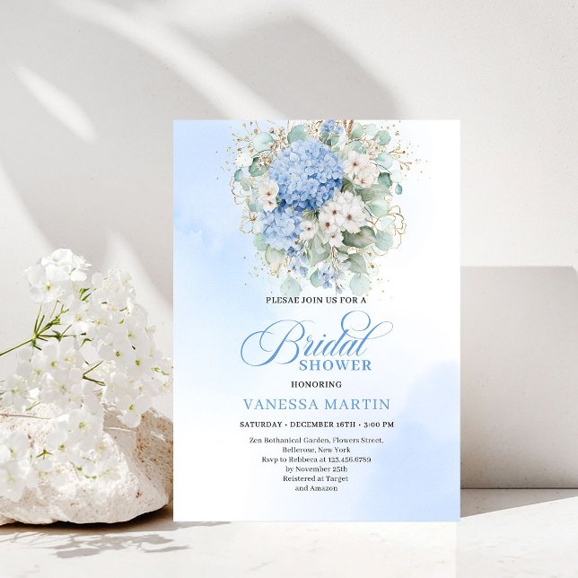 Elegant bröllopsfestin blå hortensia guld inbjudan (Chic Bridal Shower Blue Hydrangeas Gold Invitation)