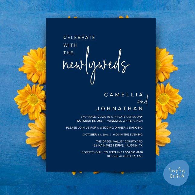 Elegant bröllopsfirande efter ceremonin inbjudningar (Elegant Wedding Party Post-Ceremony Celebration Invitation card in navy blue)