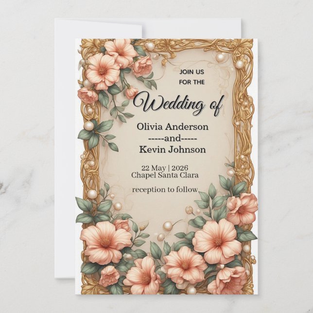 Elegant bröllopsflora ram med mjuka rosa blommor inbjudningar (Framsida)