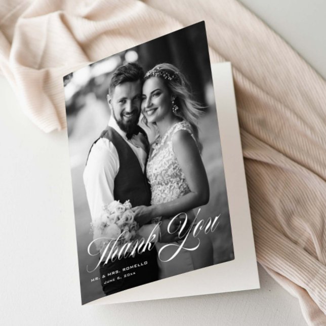 Elegant bröllopsfotografi med script tack kort (Elegant Script Folded Photo Wedding Thank You Cards.)