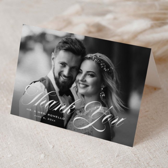 Elegant bröllopsfotografi med skrivstil tack kort (Elegant script folded photo wedding thank you cards.)