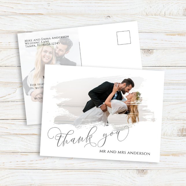 Elegant bröllopsfototackkort vykort (Wedding thank you cards, photo postcard template.)