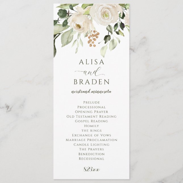 Elegant bröllopsgrönska bladverk Vita blommor Program (Framsida)