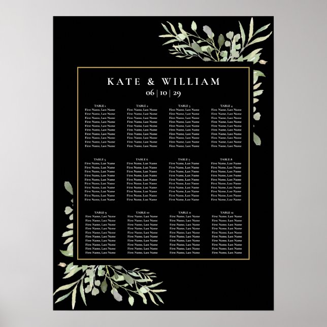 Elegant bröllopsgrönska Svart Guld Sittplatsschema Poster (Framsidan)