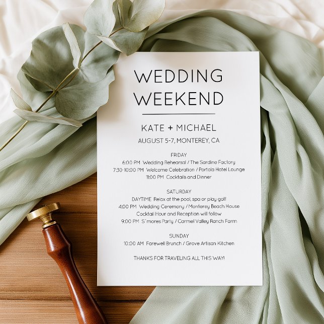 Elegant bröllopshelg Itinerary Inbjudan (Minimalist Black and White Wedding Weekend Itinerary)