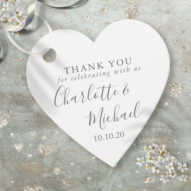 Elegant Bröllopshjärtad Tackkortskrift Gåvor Etiketter (Elegant Script Wedding Thank You Heart Favor Tags)