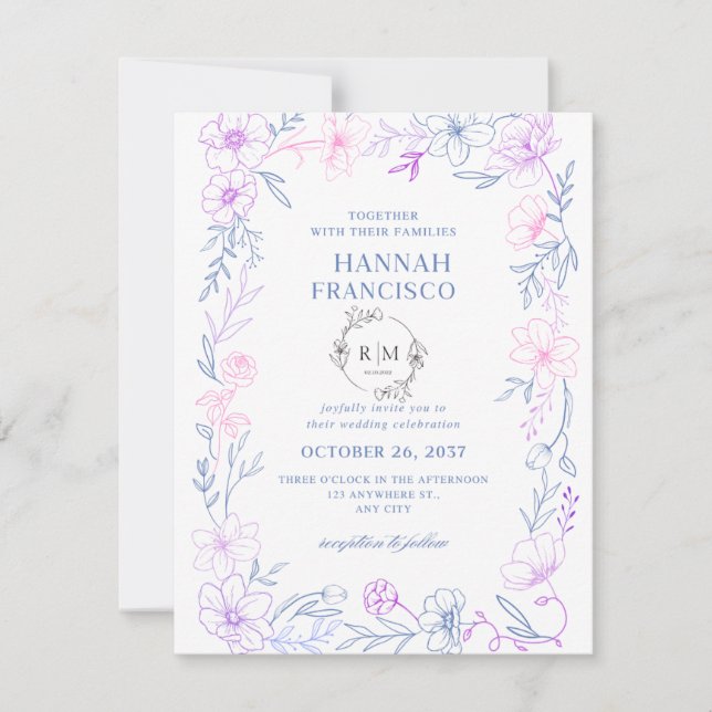 : Elegant bröllopsinbjudan Blå blommig kort  (Framsida)