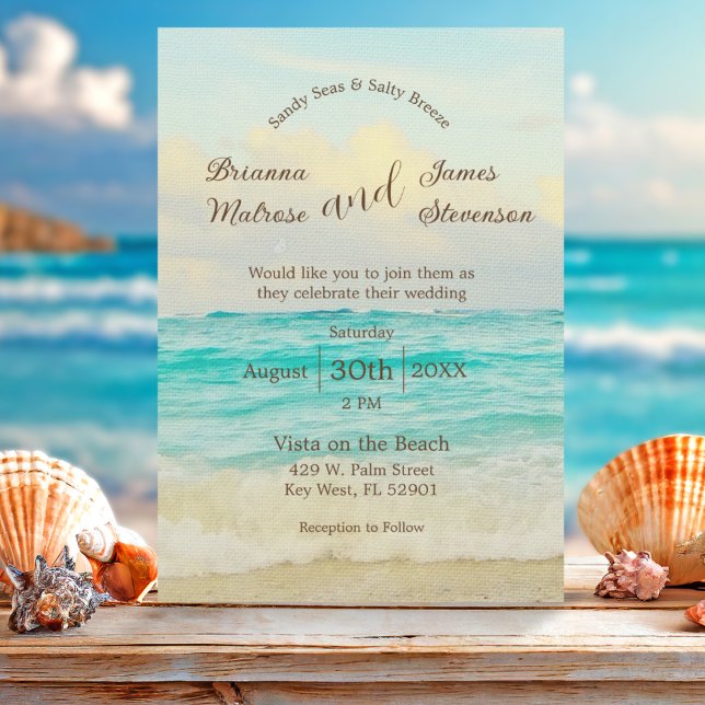 Elegant bröllopsinbjudan för strand inbjudningar (Coastal Beach wedding invitation featuring waves crashing onto the shore and elegant typography )