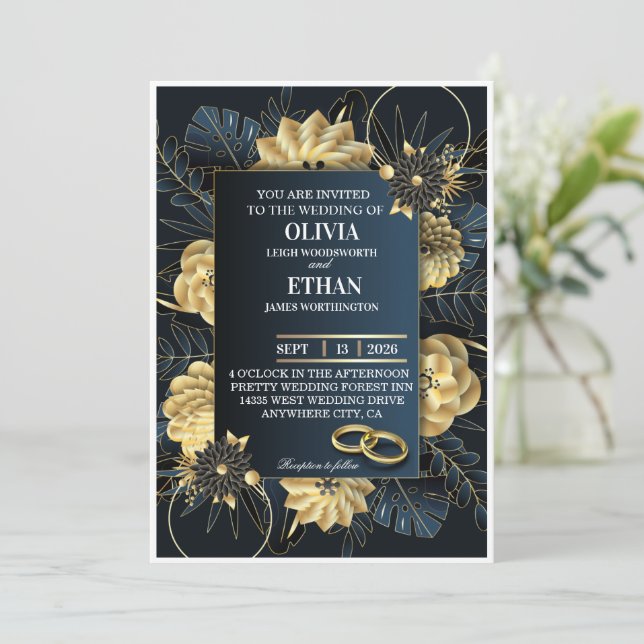 Elegant bröllopsinbjudan i mörkt svart och guld inbjudningar (Stående Fram)