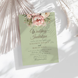 Elegant bröllopsinbjudan i sagogrön färg med peony inbjudningar