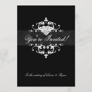 Elegant bröllopsinbjudan Jewel Heart Svart Vitt Inbjudningar