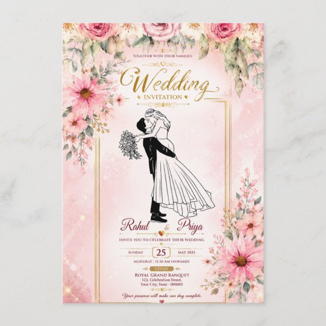 Elegant bröllopsinbjudan med blommig kort  (Framsida)