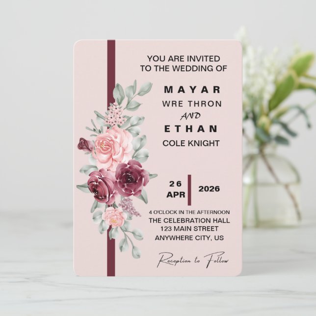 Elegant bröllopsinbjudan med blommotiv  inbjudningar (Stående Fram)