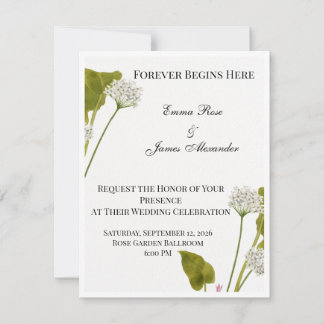 Elegant bröllopsinbjudan med blommotiv och lokalde anteckningskort