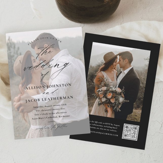 Elegant bröllopsinbjudan med QR-kod och foto Inbjudningar (Elegant photo wedding invitations with script typography overlay. The back has a QR Code RSVP.)