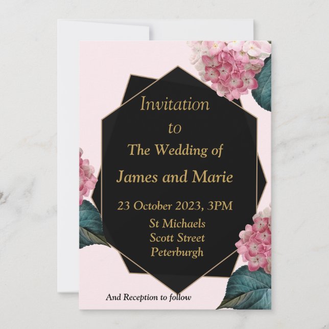 Elegant bröllopsinbjudan, rosa blommor, svart inbjudningar (Framsida)