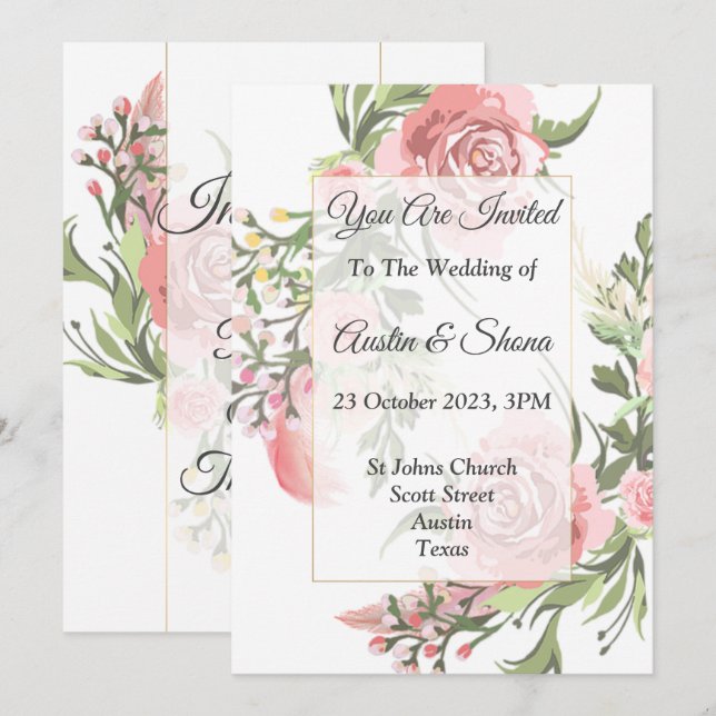 Elegant bröllopsinbjudan, rosa, blomster, vintage inbjudningar (Fram/baksida)