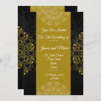 Elegant bröllopsinbjudan, svart, guld vintage inbjudningar