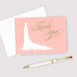 Elegant bröllopsklänning i rosa och guld för bröll tack kort