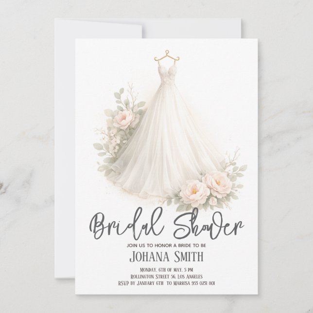 Elegant bröllopsklänning med blommor Bröllopsdusch Inbjudningar (Framsida)
