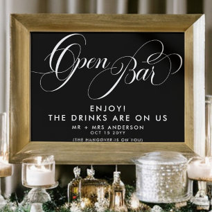 Elegant bröllopskrift öppen bar dryckesmeny svart poster