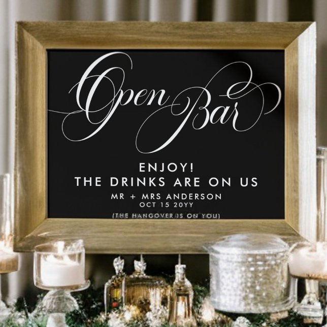 Elegant bröllopskrift öppen bar dryckesmeny svart poster (Skapare uppladdad)