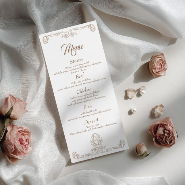 Elegant bröllopsmiddagsmeny – Sand Rose Filigree Meny (Skapare uppladdad)
