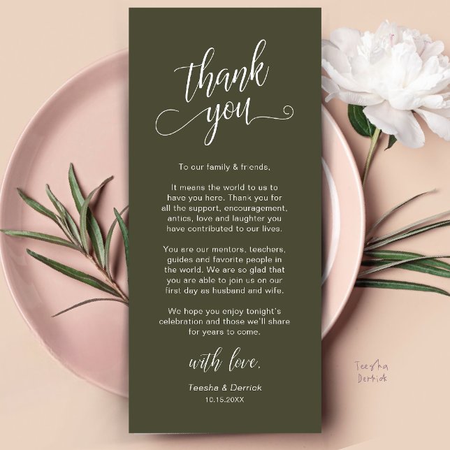 Elegant Bröllopsmiddagsplatssättning Tackkort Program (Classy Wedding Dinner Place Setting Thank You Card in Olive Green)