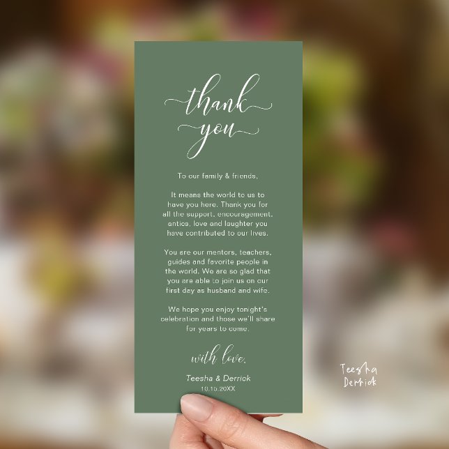 Elegant bröllopsmiddagsplatssättning tackkort program (Classy Wedding Dinner Place Setting Thank You Card in Sage Green)
