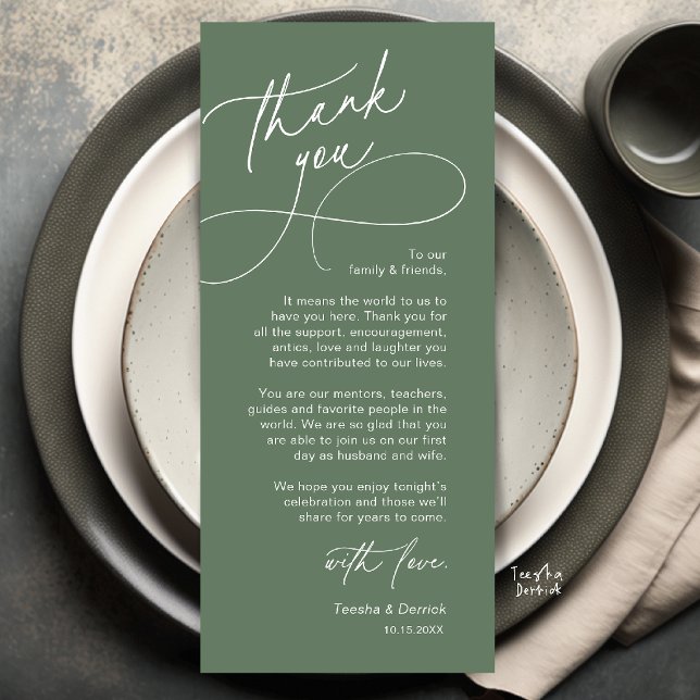Elegant bröllopsplatssättning tackkort program (Elegant Wedding Place Setting Thank You Card in Sage Green)