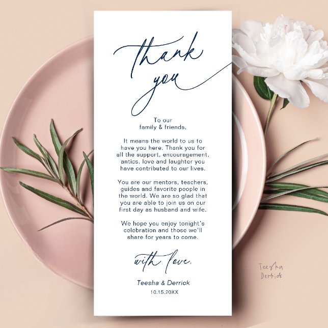 Elegant bröllopsplatssättning tackkort program (Elegant Wedding Place Setting Dinner Thank You Card in Navy Blue)