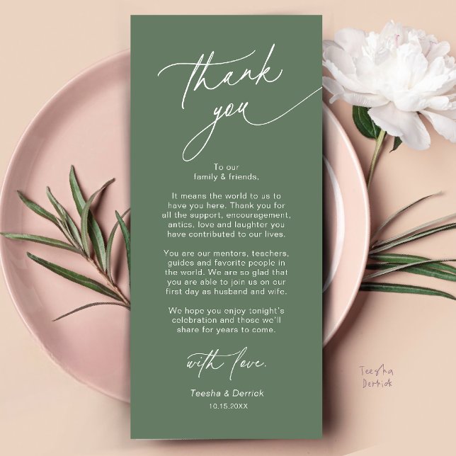 Elegant bröllopsplatssättning tackkort program (Elegant Wedding Place Setting Dinner Thank You Card in Sage Green)