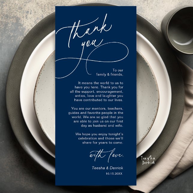Elegant bröllopsplatssättning Tacksamhetskort Program (Elegant Wedding Place Setting Thank You Card in Navy Blue)