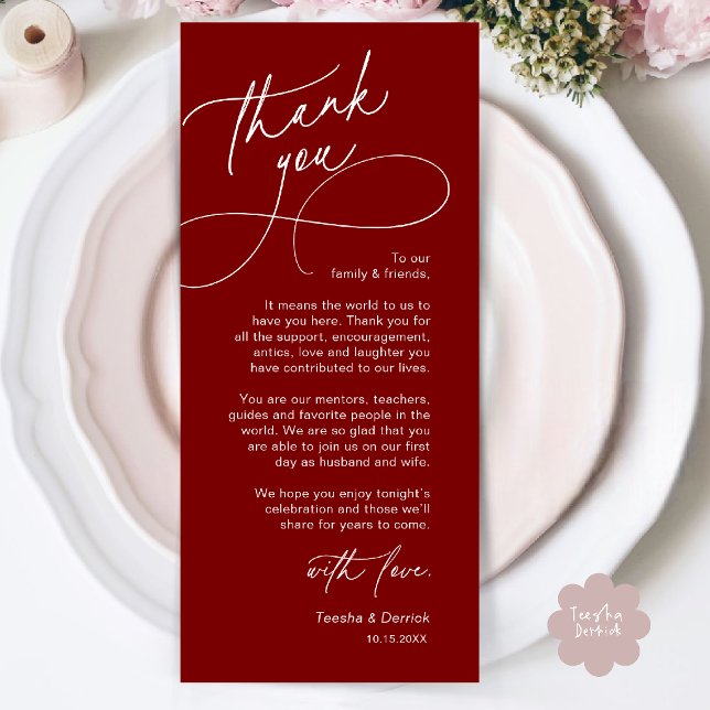 Elegant bröllopsplatssättning Tacksamhetskort Program (Elegant Wedding Place Setting Thank You Card in Burgundy Wine Red)