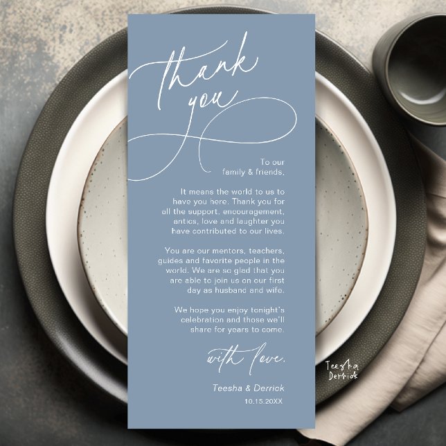 Elegant bröllopsplatssättning Tacksamhetskort Program (Elegant Wedding Place Setting Thank You Card in Dusty Blue)