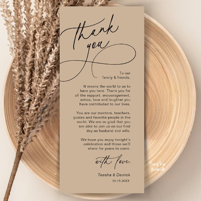 Elegant bröllopsplatssättning Tacksamhetskort Program (Elegant Wedding Place Setting Thank You Card in Brown Tan)