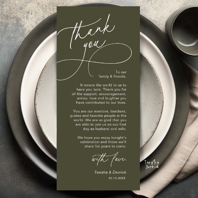 Elegant bröllopsplatssättning Tacksamhetskort Program (Elegant Wedding Place Setting Thank You Card in Olive Green)