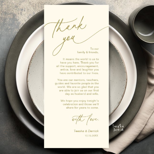 Elegant bröllopsplatssättning Tacksamhetskort Program (Elegant Wedding Place Setting Thank You Card in Cream and Gold)