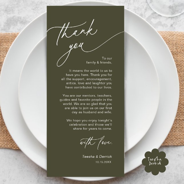 Elegant bröllopsplatssättning Tacksamhetskort Program (Elegant Wedding Place Setting Dinner Thank You Card in Olive Green)