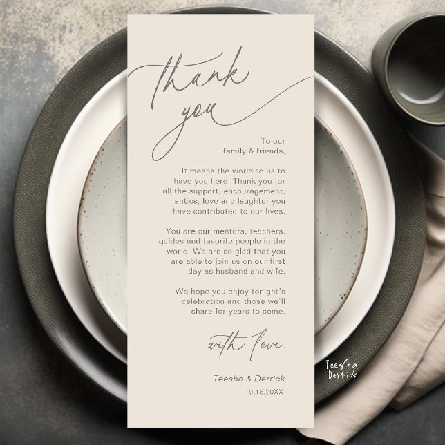 Elegant bröllopsplatssättning Tacksamhetskort Program (Elegant Wedding Place Setting Thank You Card in Cream and Grey)