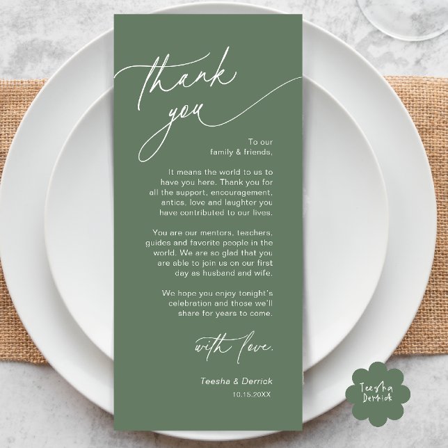 Elegant bröllopsplatssättning Tacksamhetskort Program (Elegant Wedding Place Setting Dinner Thank You Card in Sage Green)