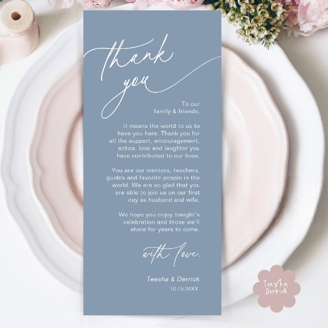 Elegant bröllopsplatssättning Tacksamhetskort Program (Elegant Wedding Place Setting Thank You Card in Dusty Blue)