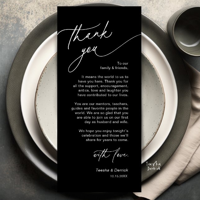 Elegant bröllopsplatssättning Tacksamhetskort Program (Elegant Wedding Place Setting Dinner Thank You Card in Black and White)